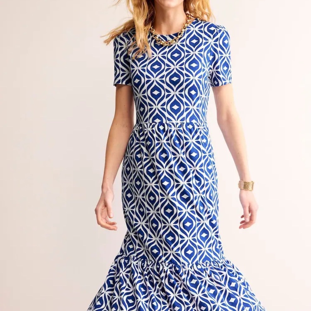 Boden Blue and White Geometric Midi Dress